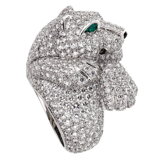 Carthttier Panthere Pave Diamond Emerald White Gold Ring