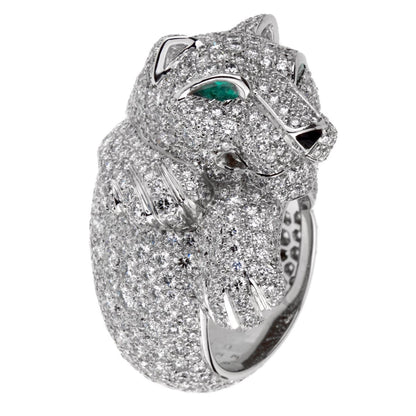 Carthttier Panthere Pave Diamond Emerald White Gold Ring