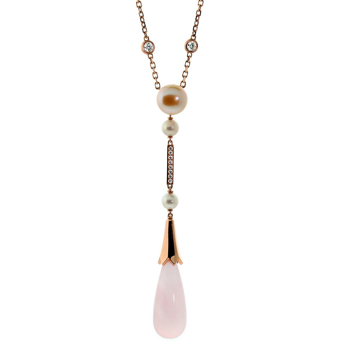 Carthttier Monica Bellucci Pearl Diamond 18k Rose Gold Pink Quartz Necklace