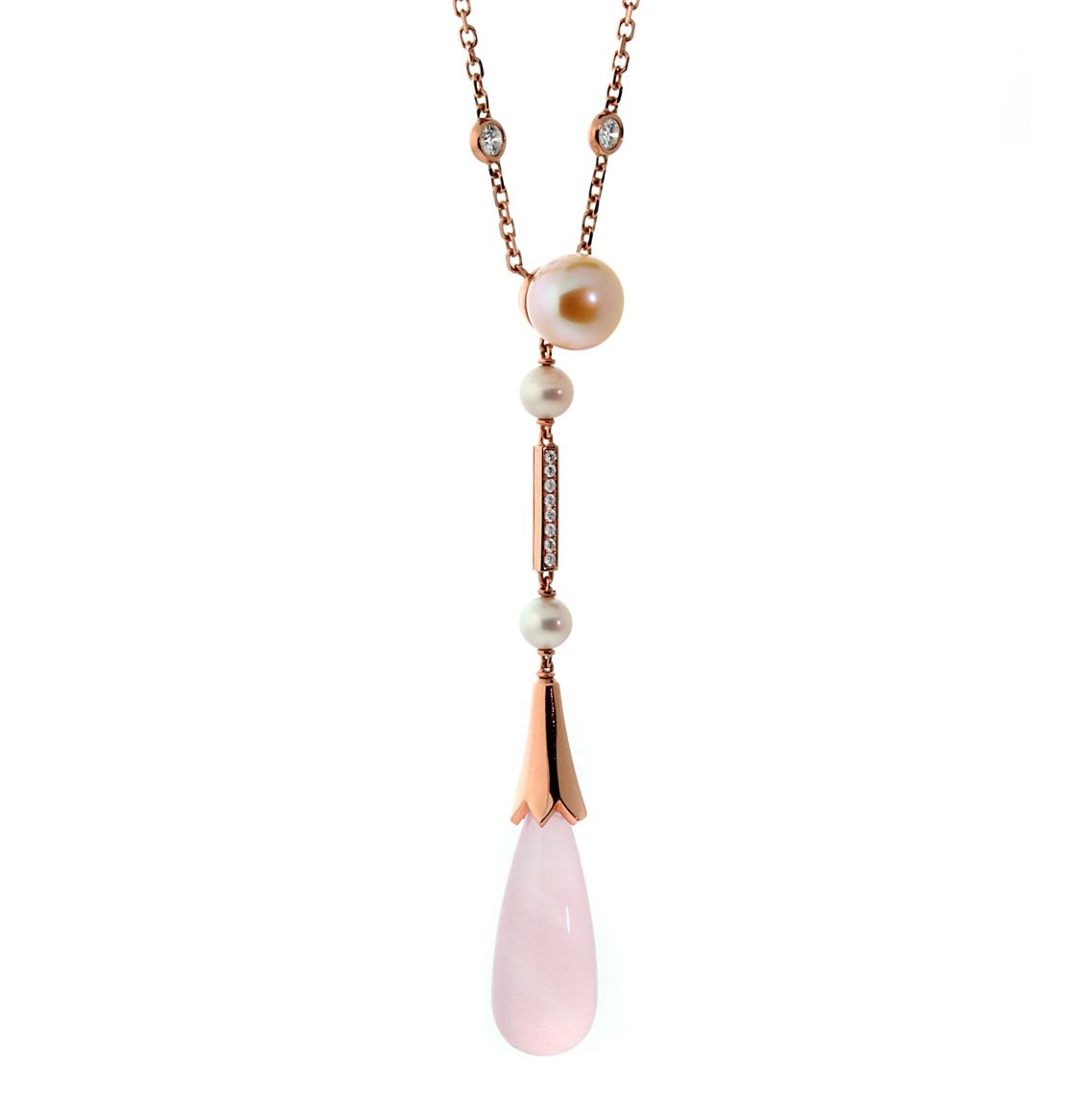 Carthttier Monica Bellucci Pearl Diamond 18k Rose Gold Pink Quartz Necklace
