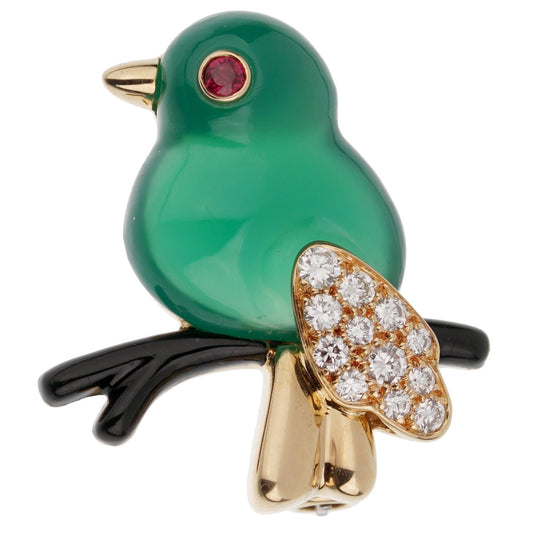 Carthttier Vintage Bird on a Branch 18k Gold Chrysoprase Ruby Onyx Brooch