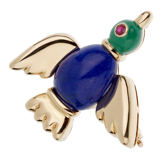 Carthttier Vintage Lapis Lazuli Ruby Yellow Gold Bird Duck Pin Brooch
