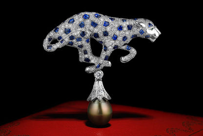 Carthttier Panthere Tahitian Pearl, Sapphire And Diamond Pendant/Clip Brooch