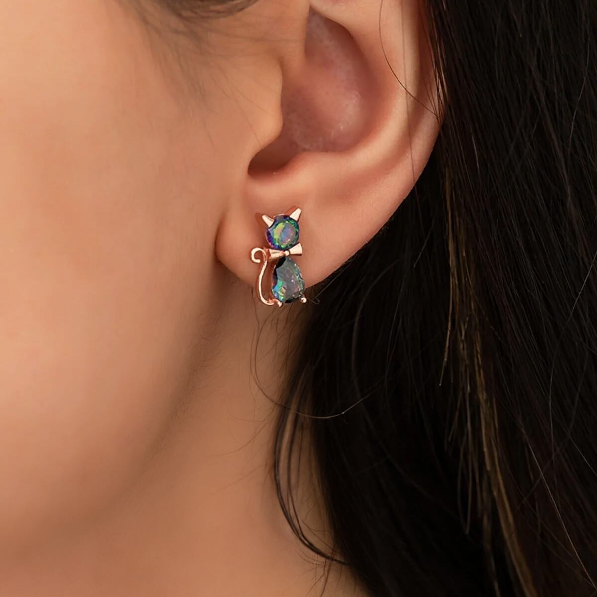 Sterling Silver Stud Cat Earrings with CZ Birthstone Jewelry