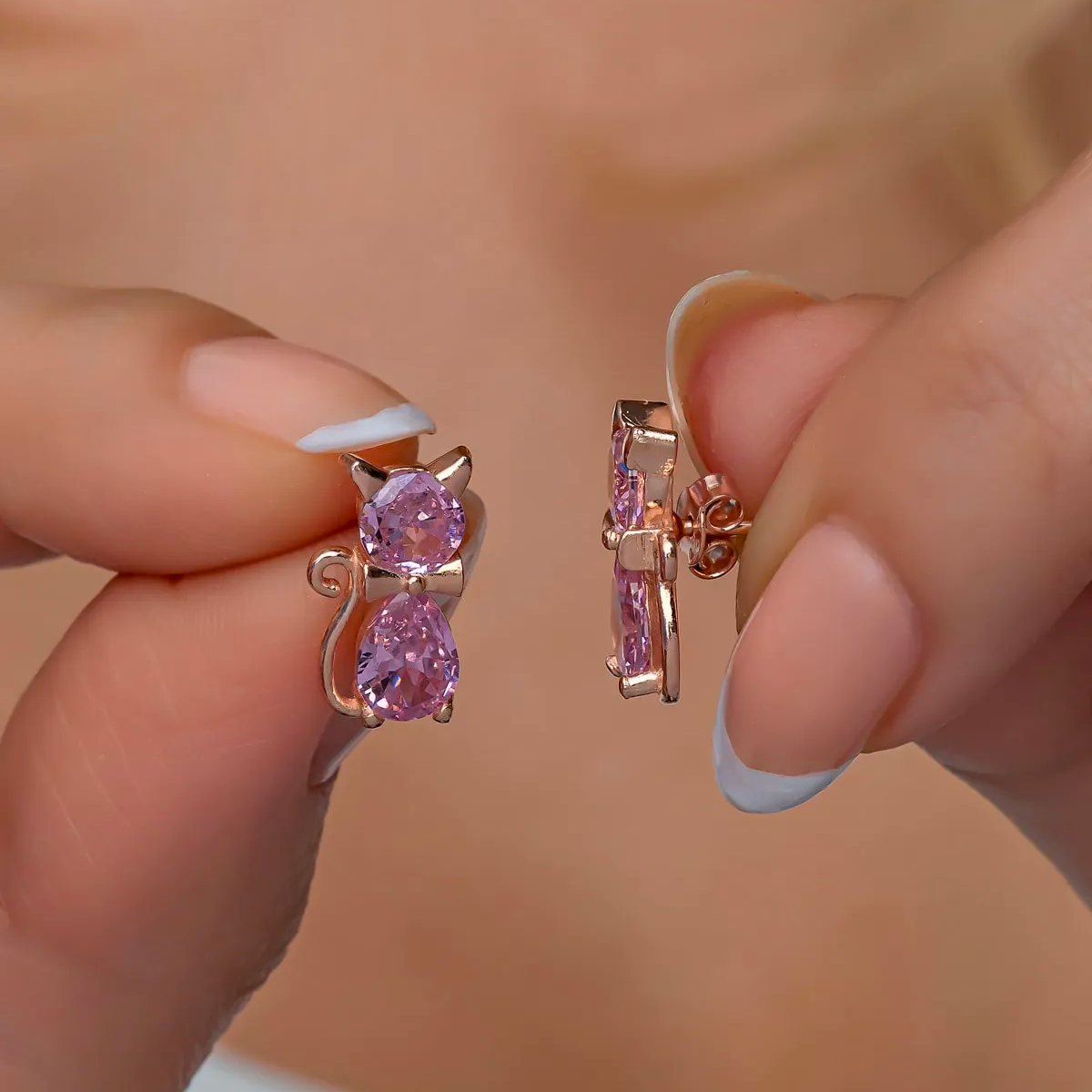 Sterling Silver Stud Cat Earrings with CZ Birthstone Jewelry