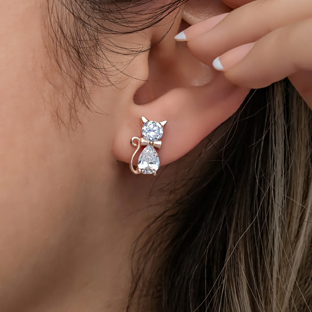 Sterling Silver Stud Cat Earrings with CZ Birthstone Jewelry