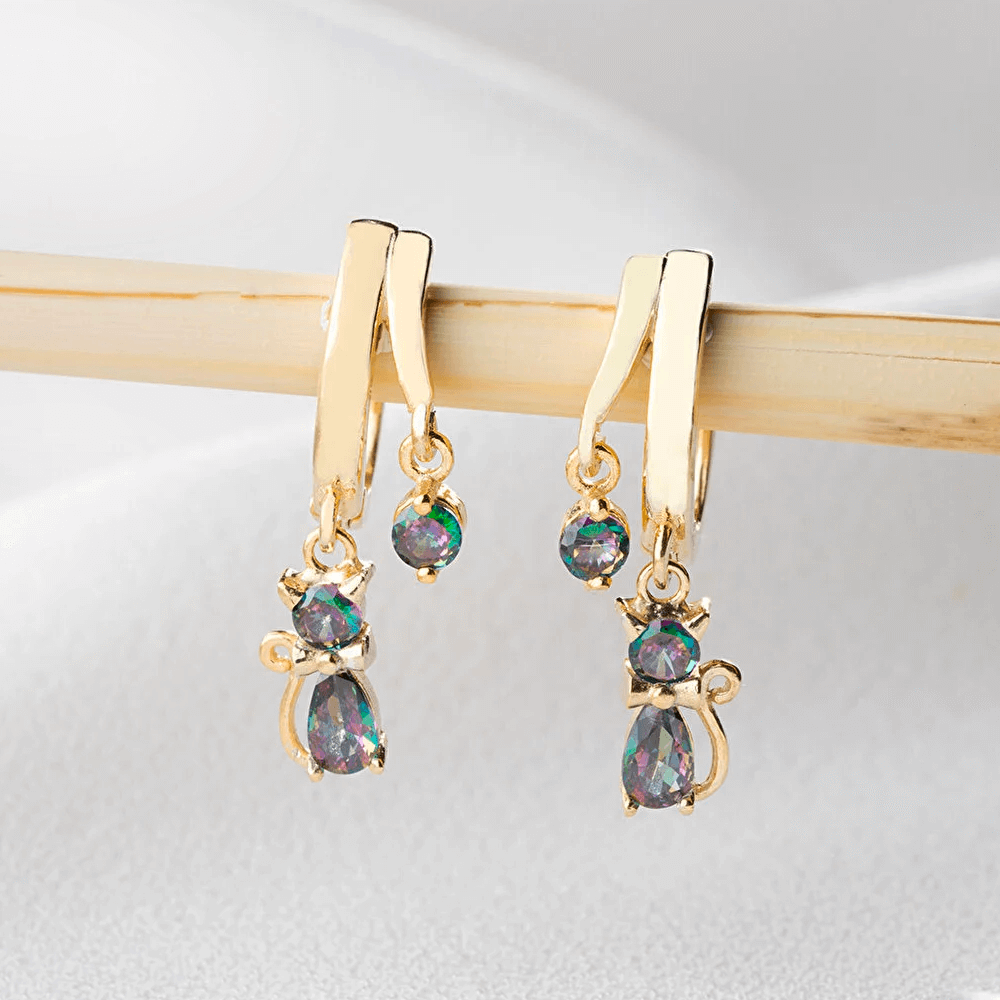 Cat Earrings 925 Sterling Silver Dangling Huggie Hoops