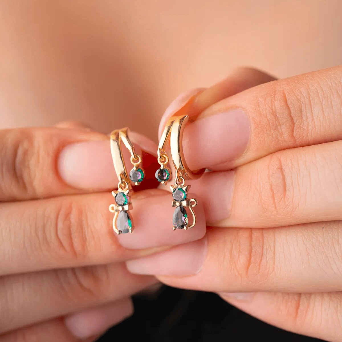 Cat Earrings 925 Sterling Silver Dangling Huggie Hoops