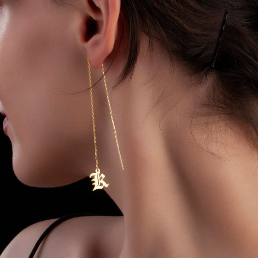 Minimalist Threader Earrings with Gothic Initial