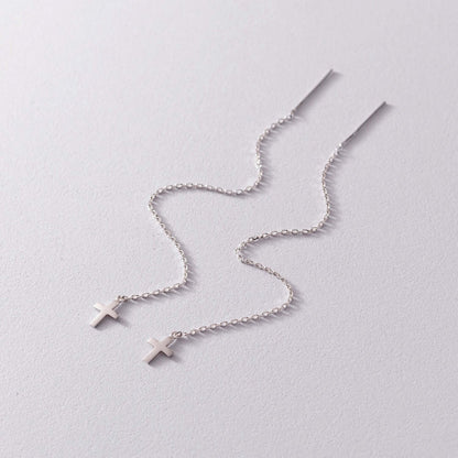 Cross Charm Drop Threader Earrings Silver Jewelry