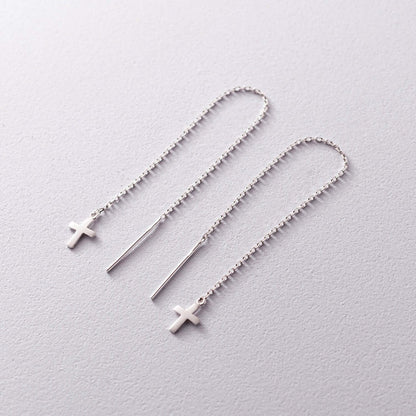 Cross Charm Drop Threader Earrings Silver Jewelry