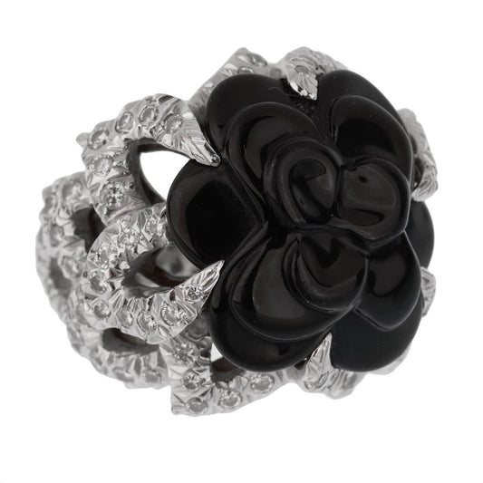 Chathtnel Camellia Diamond Onyx White Gold Ring