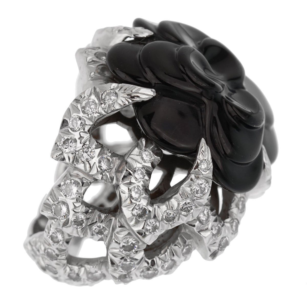 Chathtnel Camellia Diamond Onyx White Gold Ring