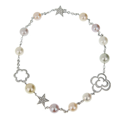 Chathtnel Camellia & Comete Motif Pearl Diamond 18k White Gold Necklace