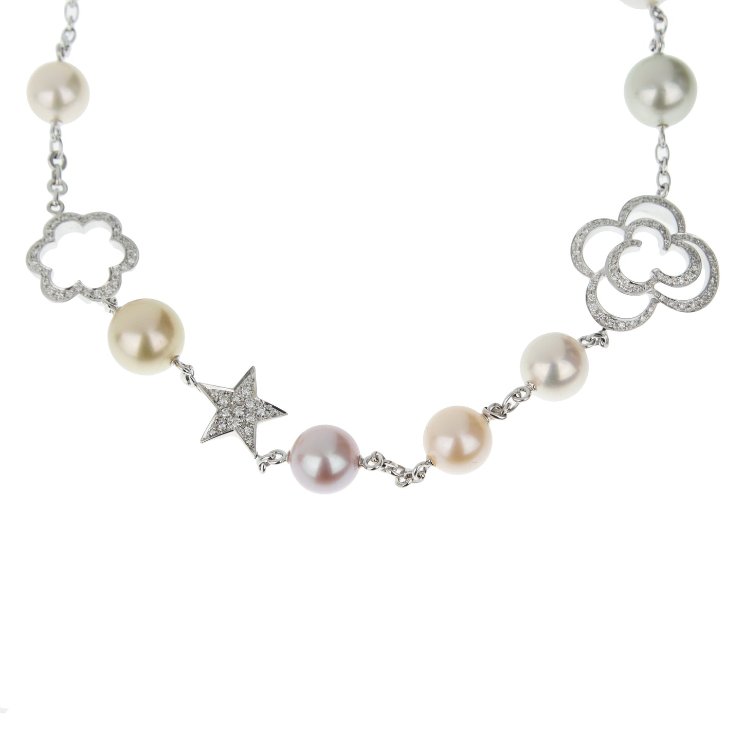 Chathtnel Camellia & Comete Motif Pearl Diamond 18k White Gold Necklace