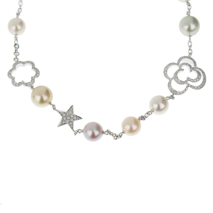 Chathtnel Camellia & Comete Motif Pearl Diamond 18k White Gold Necklace