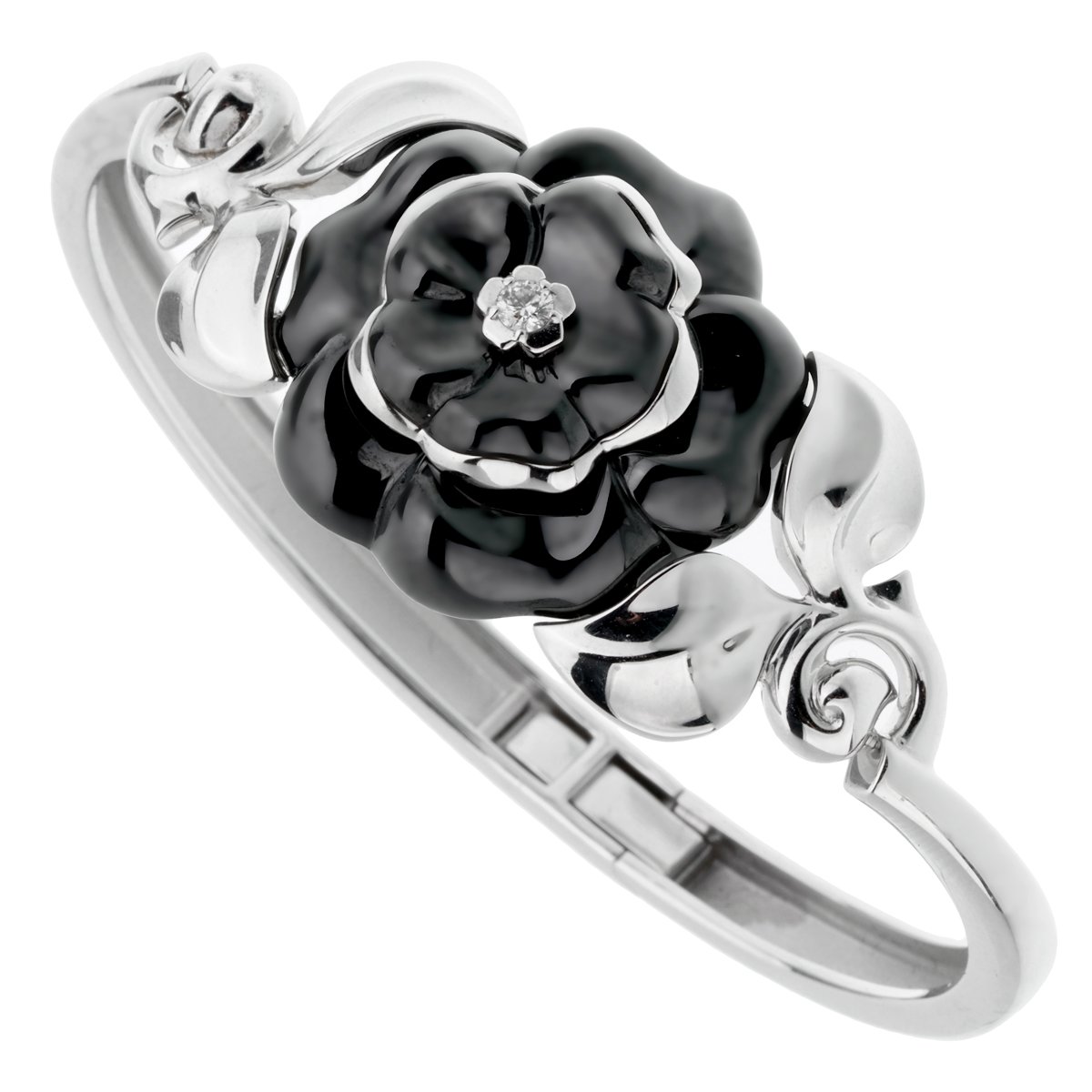 Chathtnel Camellia Onyx Diamond White Gold Bangle Bracelet