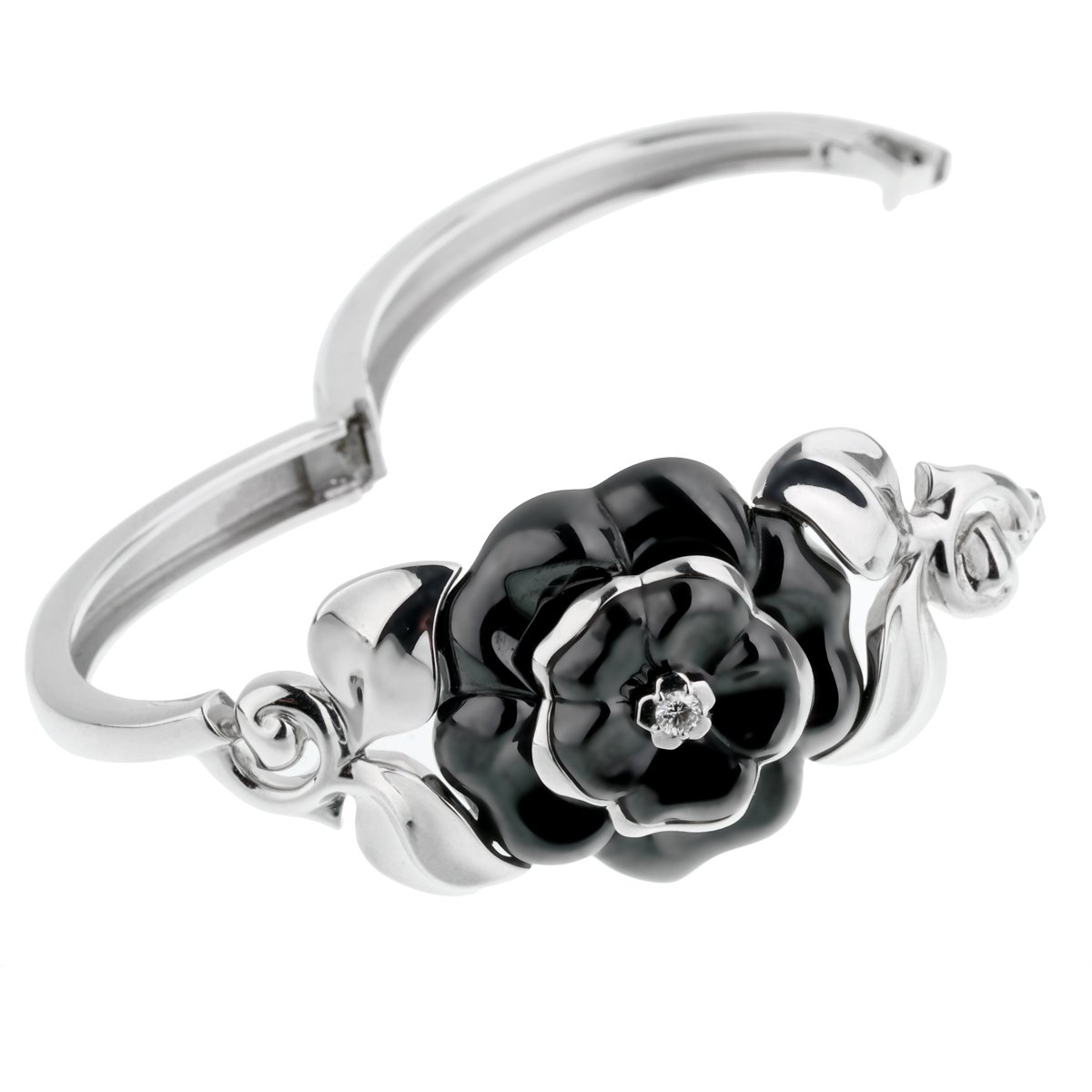 Chathtnel Camellia Onyx Diamond White Gold Bangle Bracelet