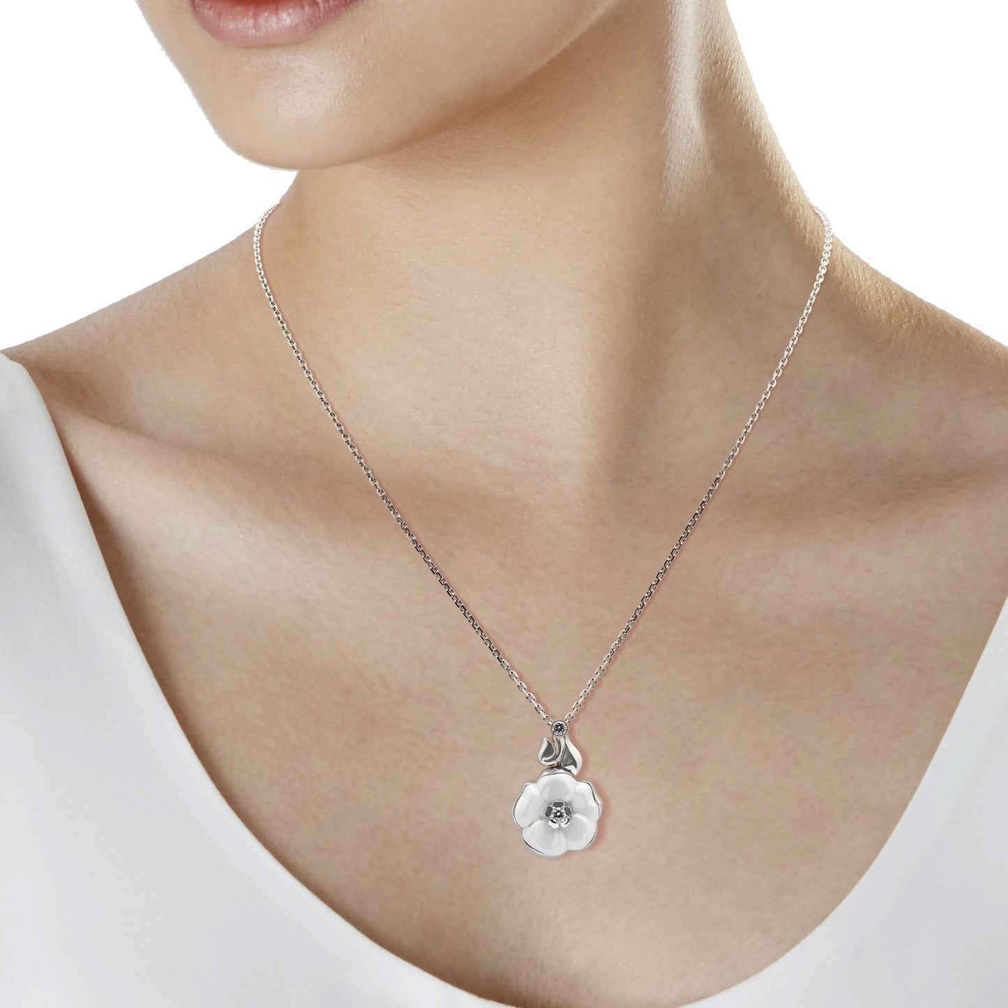 Chathtnel Camellia White Ceramic Diamond White Gold Necklace