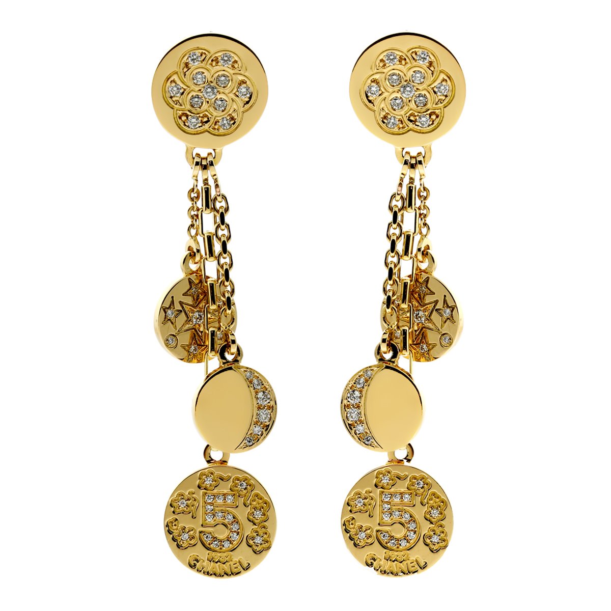 Chathtnel Camellia Vintage Charm Diamond 18k Yellow Gold Drop Earrings