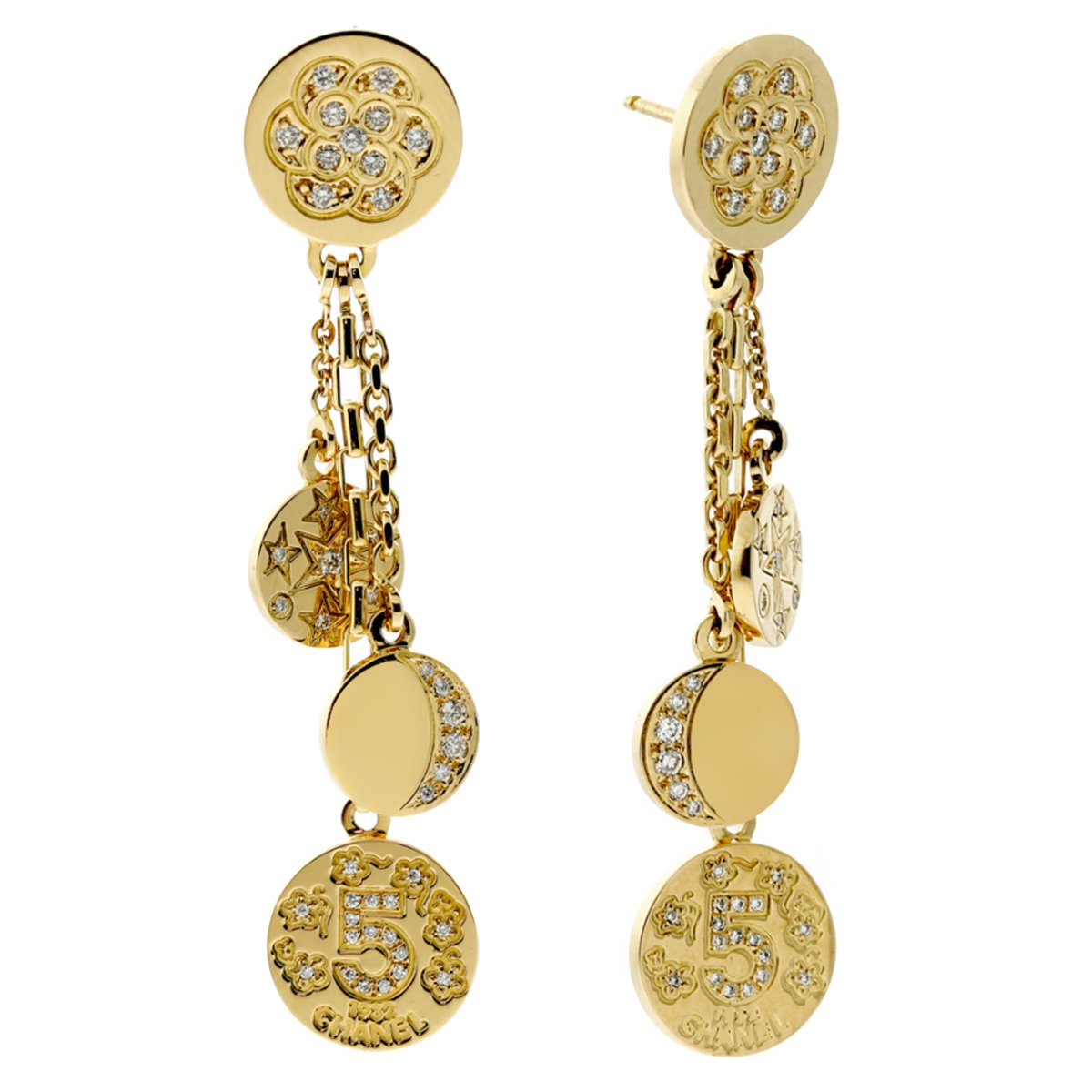 Chathtnel Camellia Vintage Charm Diamond 18k Yellow Gold Drop Earrings
