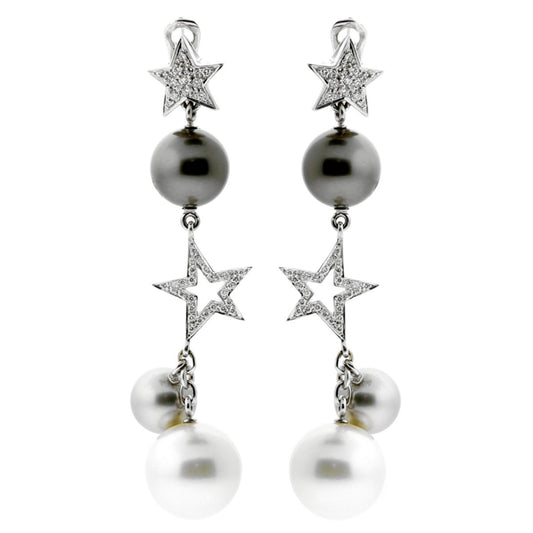 Chathtnel Vintage Comete Diamond Pearl Drop 18k White Gold Earrings