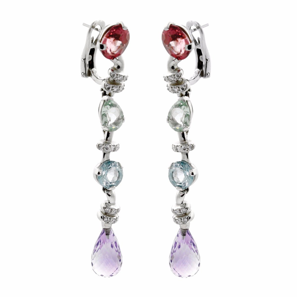 Chathtnel Diamond Gemstone 18k White Gold Drop Earrings
