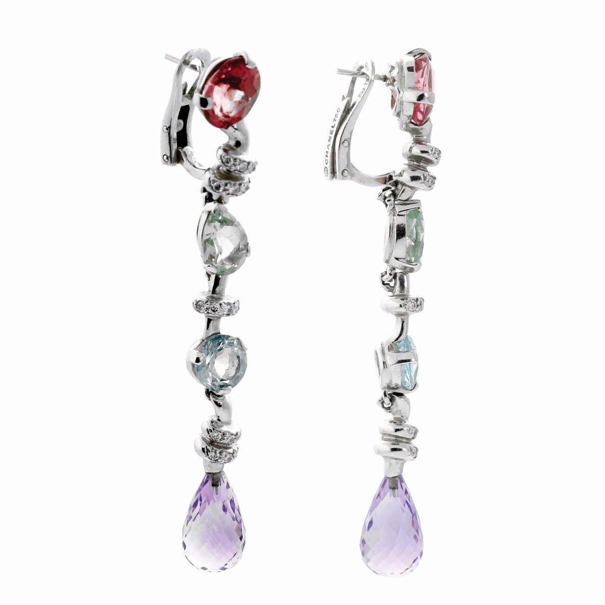Chathtnel Diamond Gemstone 18k White Gold Drop Earrings