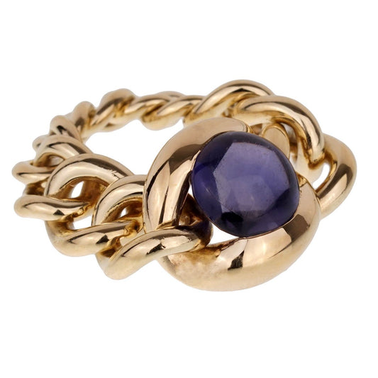 Chathtnel Iolite Chain Link 18k Yellow Gold Vintage Ring Sz 6 1/2