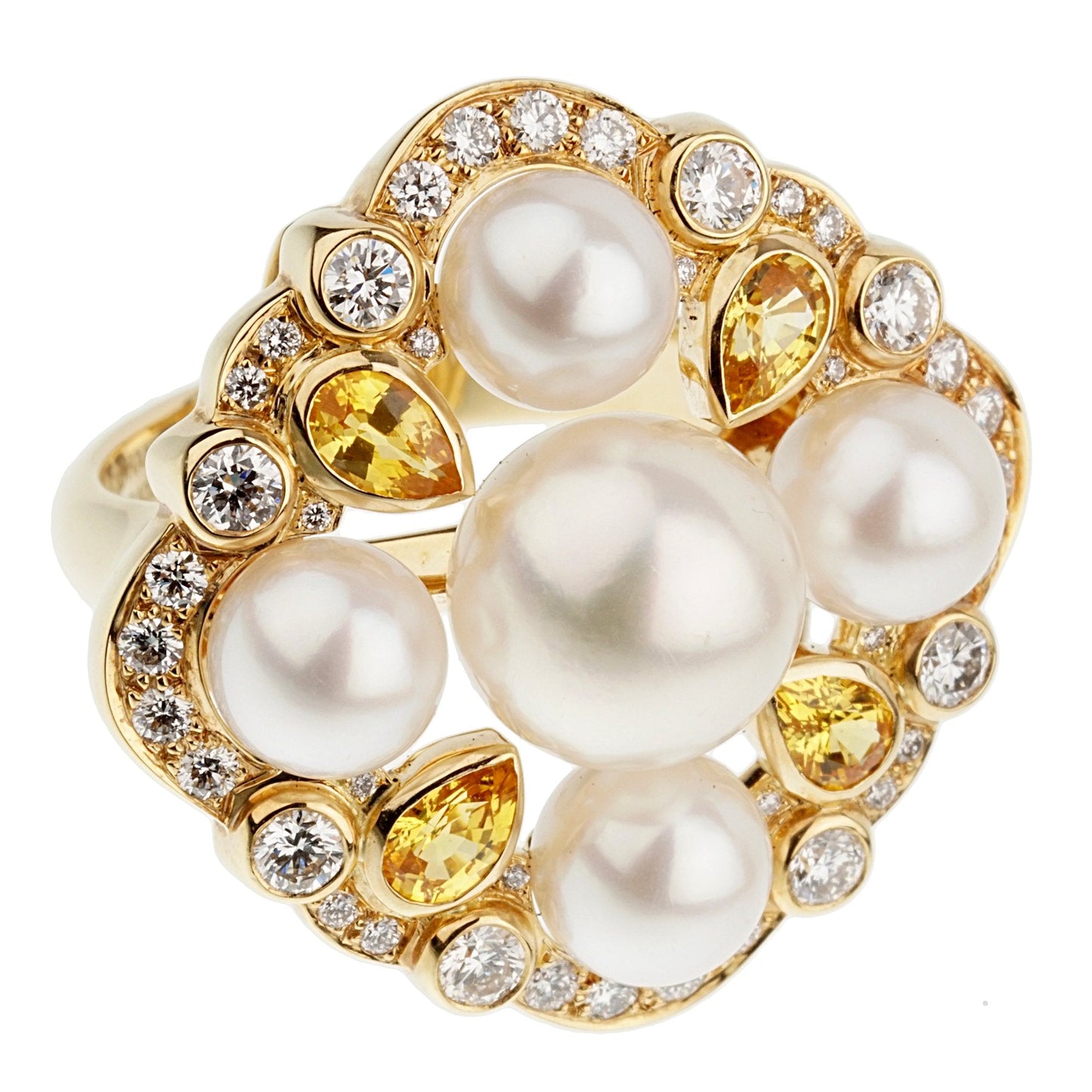 Chathtnel Pearl Diamond Yellow Sapphire 18k Yellow Gold Cocktail Ring