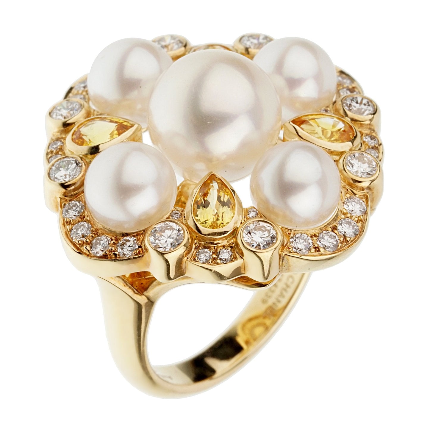 Chathtnel Pearl Diamond Yellow Sapphire 18k Yellow Gold Cocktail Ring