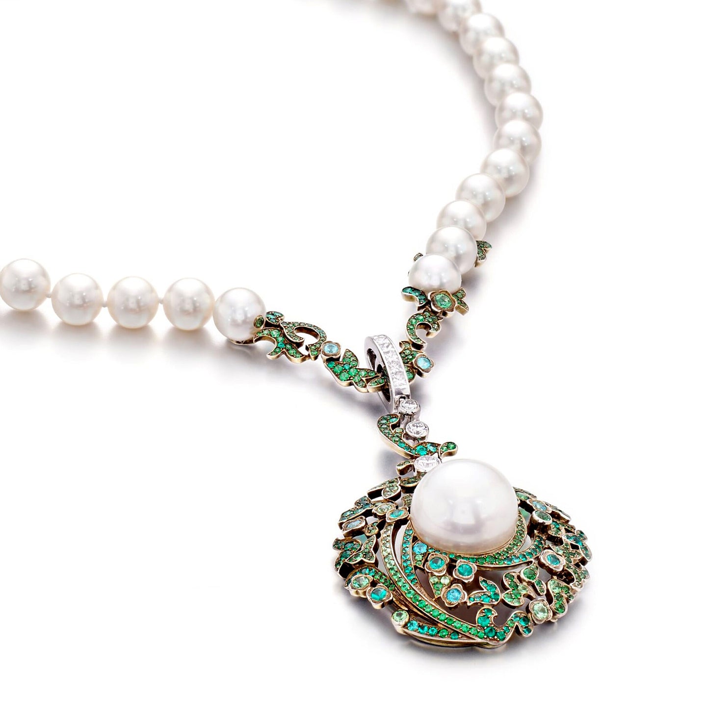 Chathtnel Pearl Paraiba Tourmaline Diamond 18k White Gold Pendant Necklace