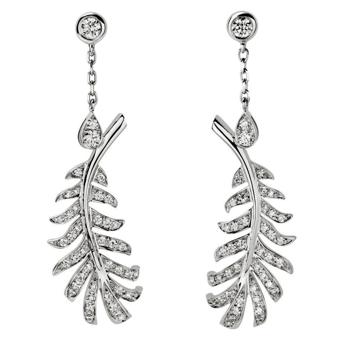 Chathtnel Plume Diamond Feather Drop White Gold Earrings
