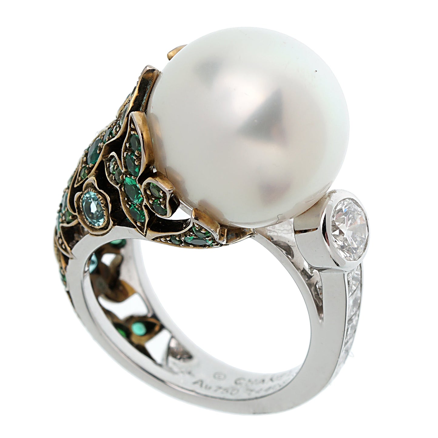 Chathtnel South Sea Pearl Tourmaline Diamond 18k White Gold Ring