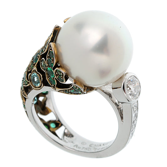 Chathtnel South Sea Pearl Tourmaline Diamond 18k White Gold Ring
