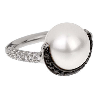 Chathtnel Vintage Black Diamond Pearl Platinum Cocktail Ring Sz 6