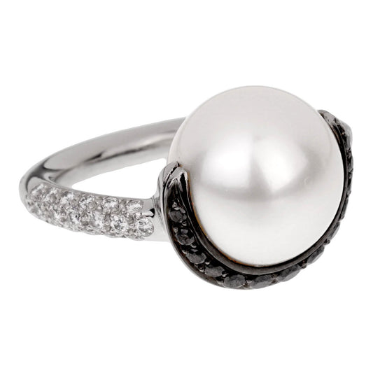 Chathtnel Vintage Black Diamond Pearl Platinum Cocktail Ring Sz 6