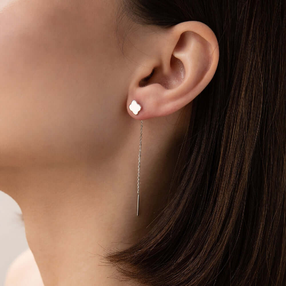 Clover Charm Dangling Earrings Sterling Silver Threader Chain