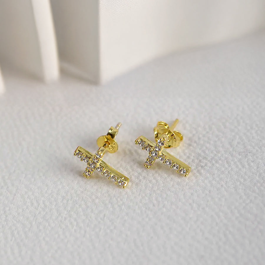 Stud Earrings Rhodium Plated Silver Cross with CZ