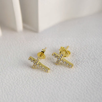 Stud Earrings Rhodium Plated Silver Cross with CZ