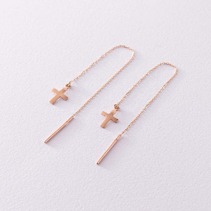 14k Gold Long Chain Threader Earrings with Cross Charm