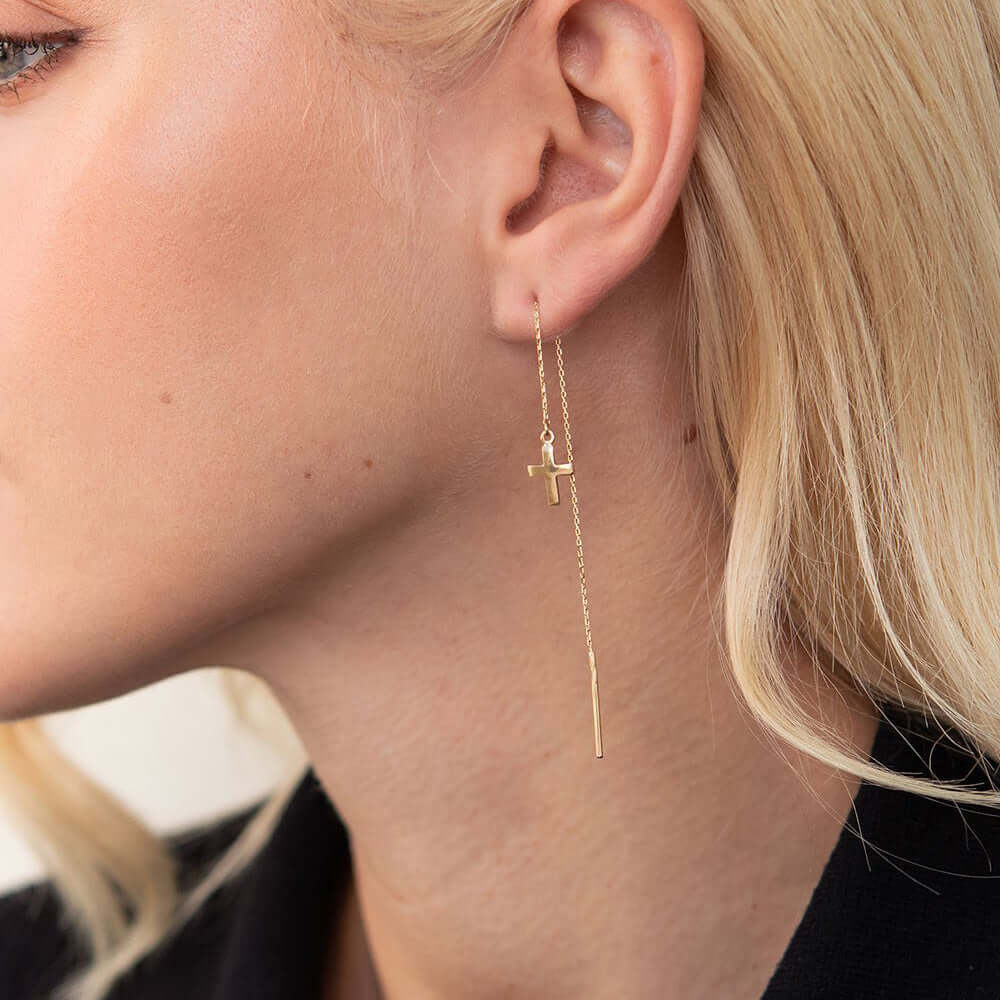 14k Gold Long Chain Threader Earrings with Cross Charm