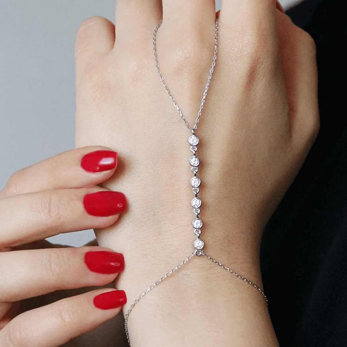 Crystal Hand Chain Sterling Silver Slave Bracelet