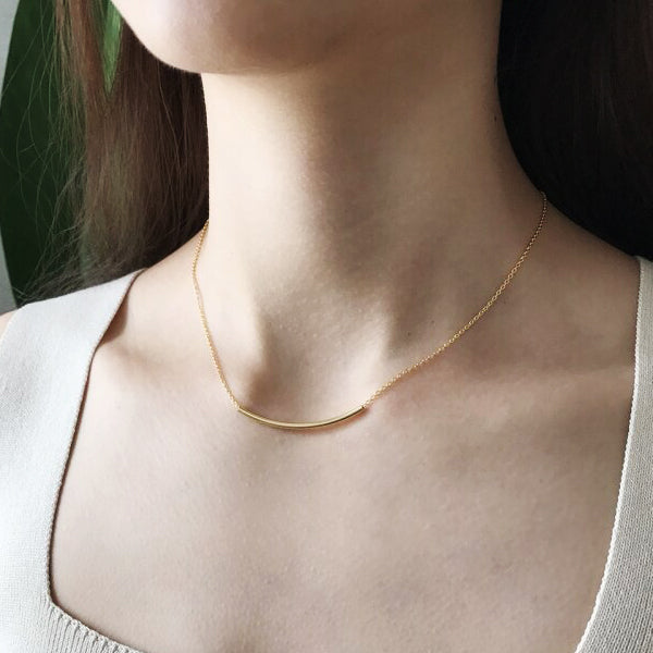 Curved Tube Bar Silver Choker Necklace Delicate Jewelry