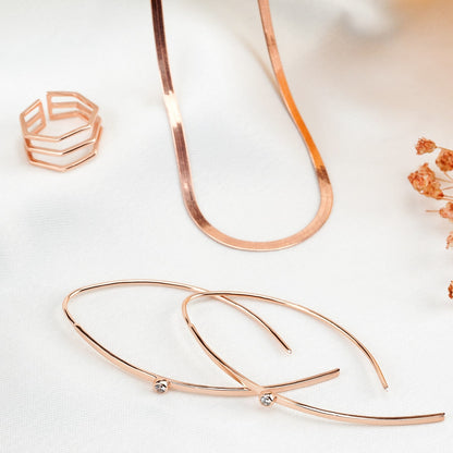 Rose Gold Curved Long Dangle Earrings with Zircon