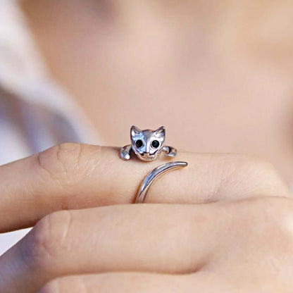Cute Hugging Cat Open Ring in 925 Sterling Silver