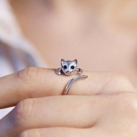Cute Hugging Cat Open Ring in 925 Sterling Silver