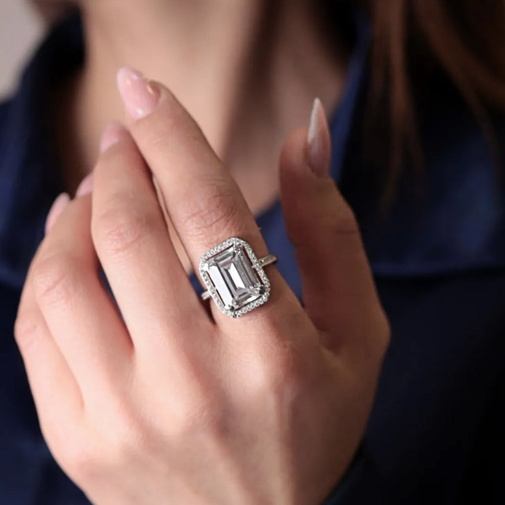 Emerald-Cut CZ Ring Gold-Plated Silver Halo Setting