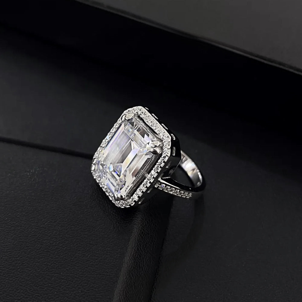 Emerald-Cut CZ Ring Gold-Plated Silver Halo Setting
