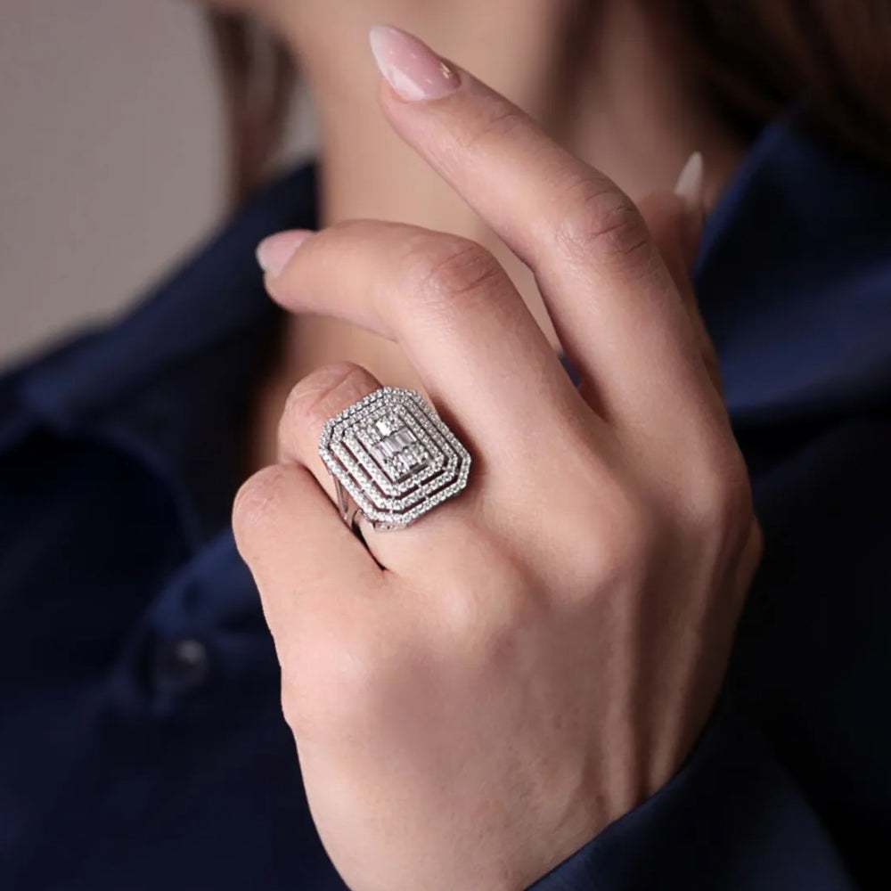 Solid 925 Sterling Silver Clear Cubic Zirconia Cluster Ring